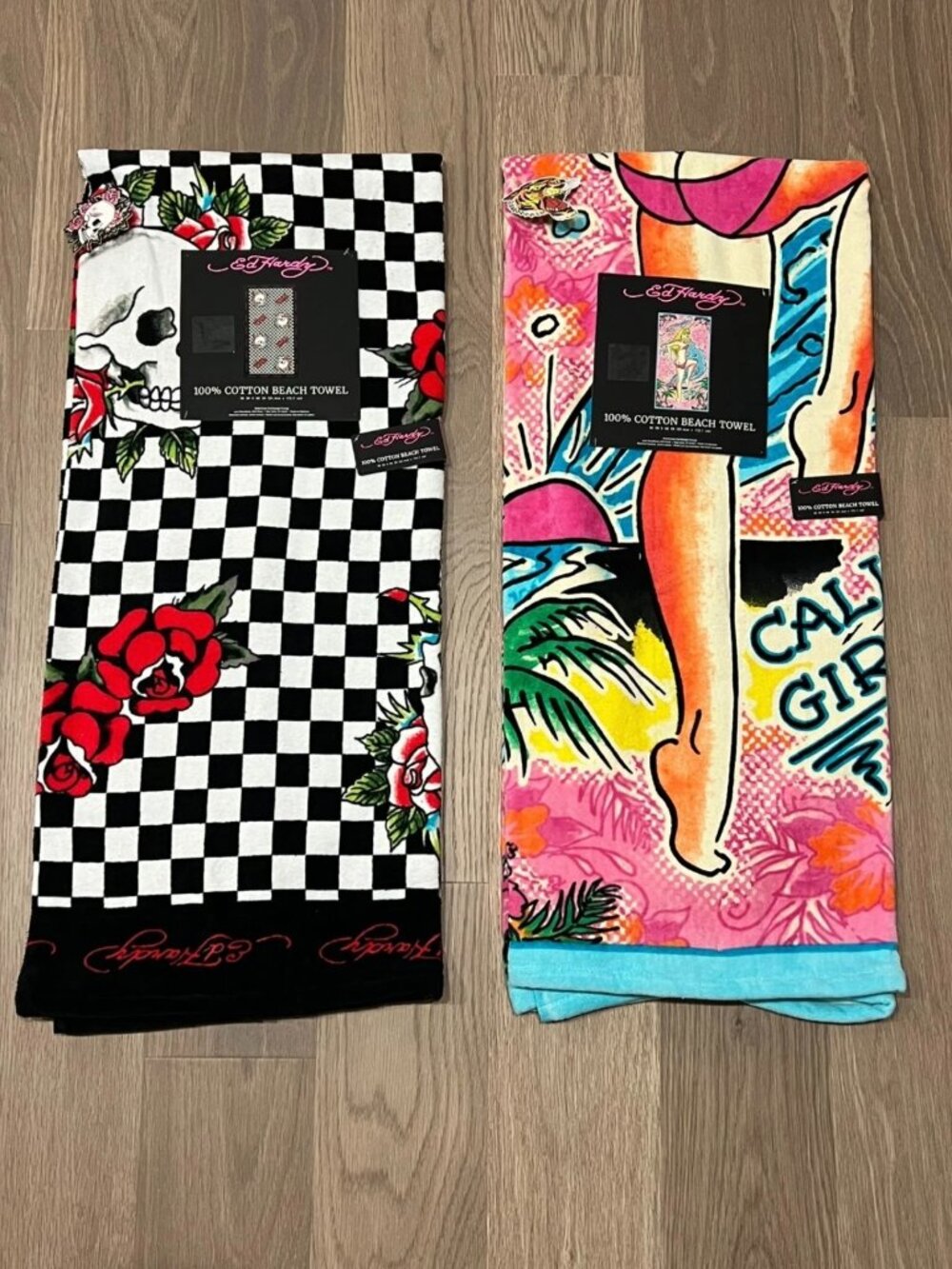 ED HARDY 36x68 Cotton Beach Towel Lot California Girls Pinup Checkered Skull Y2K